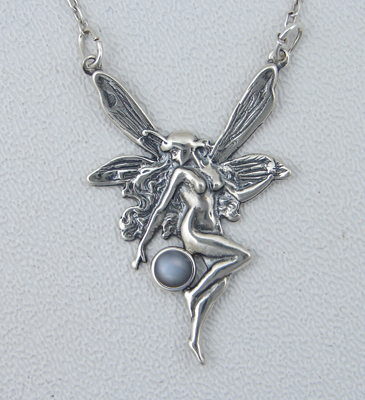 Sterling Silver Victorian Winged Fairy Necklace With Grey Moonstone